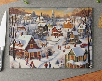 Verschneites Dorf Winterszene Glas Schneidebrett | Weihnachten Küchen Dekor