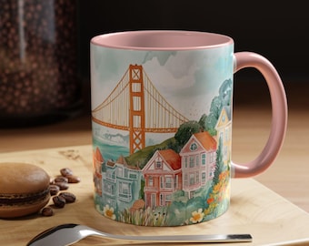San Francisco Watercolor Golden Gate Bridge Mug | Painted Ladies, Dreamy Coastal Scene