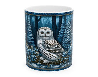 Snowy Owl Mug | Ceramic Coffee Cup, Winter Woodland Art
