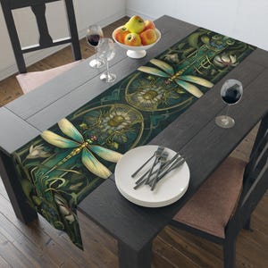 Art Nouveau Dragonfly Table Runner | Floral Green Botanical Design