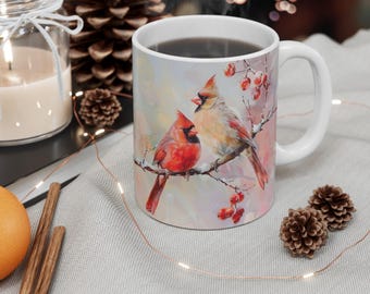 Cardinal Birds Mug, Winter Christmas Ceramic Coffee Cup, Festive Red Drinkware