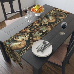 Art Nouveau Squirrel Table Runner | Floral Green Botanical Design