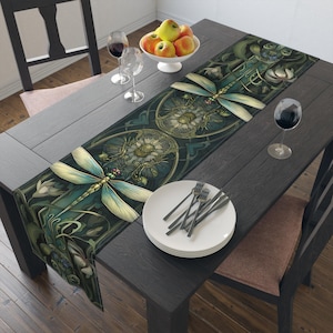 Art Nouveau Dragonfly Table Runner | Floral Green Botanical Design