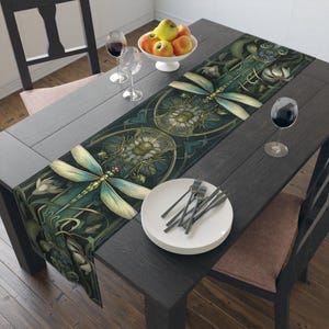 Art Nouveau Dragonfly Table Runner | Floral Green Botanical Design