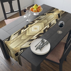 Art Deco Geometric Table Runner | Gold Black Chevron Pattern