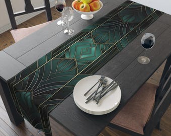 Art Deco Emerald Geometric Table Runner | Green Black Gold