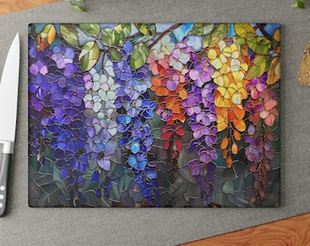 Stained Glass Wisteria Glass Cutting Board | Floral Mosaic Kitchen Decor