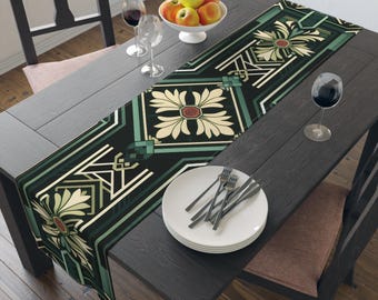 Art Deco Floral Table Runner | Green Geometric Cotton-Poly