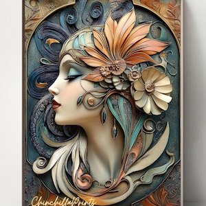 Puede incluir: Una impresión de estilo art nouveau que representa el perfil de una mujer con los ojos cerrados. La obra de arte presenta una paleta de tonos turquesa, dorados y cobrizos. El cabello de la mujer está adornado con adornos florales y en forma de hojas. La impresión tiene el texto "ChinchillaPrints" en la parte inferior.