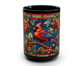 Roter Kardinal Blumenbecher | Schwarze 15oz Keramik Kaffeetasse