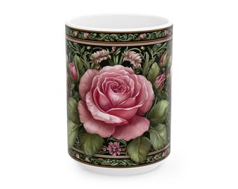 Vintage Pink Rose Floral Ceramic Mug | Botanical Garden Coffee Cup