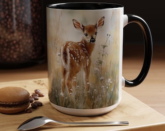 Watercolor Fawn Meadow Ceramic Mug, Baby Deer Tea Coffee Cup (11oz, 15oz)