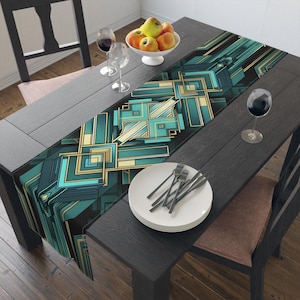 Art Deco Geometric Table Runner | Teal Gold Diamond Pattern