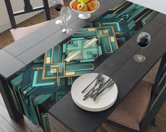 Art Deco Geometric Table Runner | Teal Gold Diamond Pattern