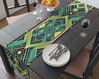 Art Deco Geometric Green Pattern Table Runner | Cotton Poly