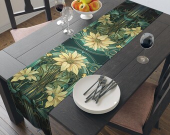 Art Deco Geometric Table Runner | Teal Gold Diamond Pattern
