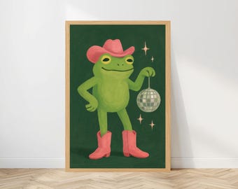 Cowboy Frog Disco Poster, Funny Wall Art, Pink Hat Print, Retro Animal Decor, Western Amphibian Illustration, Groovy Gift