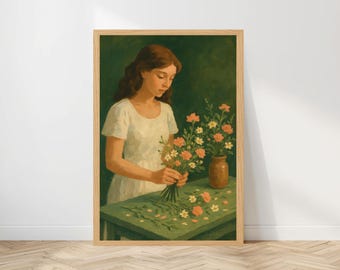 Impresión vintage de chica con flores, arte de pared con retrato romántico.