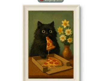 Lámina artística de pizza con un gato negro divertido, regalo para los amantes de la pizza