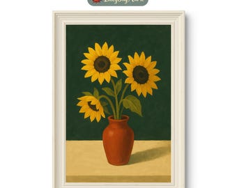 Sunflower Vase Wall Art Print – Warm Floral Still Life Poster, Botanical Painting Decor
