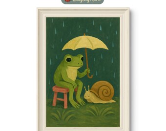 Whimsical Frog and Snail Art Print, Cozy Rainy Day Poster, Cute Animal Painting