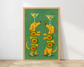 Martini Dachshund Wall Art Print, Funny Cocktail Dog Poster for Bar Cart or Kitchen Decor