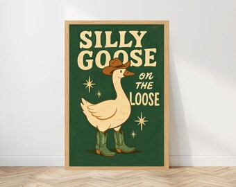 Silly Goose on the Loose Funny Cowboy Goose Wall Art Print, Western Animal Decor for Kitchen or Kids Room