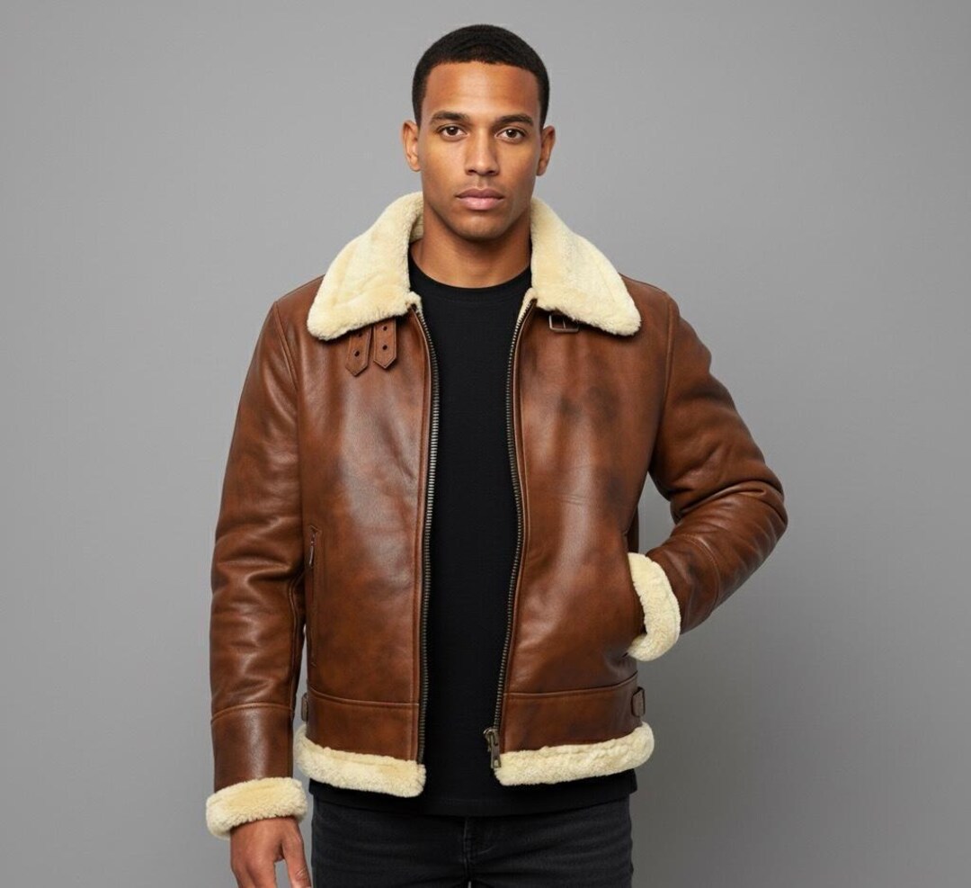 Genuine Sheepskin Men's Biker Jacket | Brown Bomber Jacket | Shearling ...