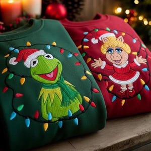 Kermit Miss Piggy Christmas Lights Embroidered Sweatshirt, Muppets Couple Cartoon Tee, Retro Green Frog, Gift For Her Him ESH6190-6191