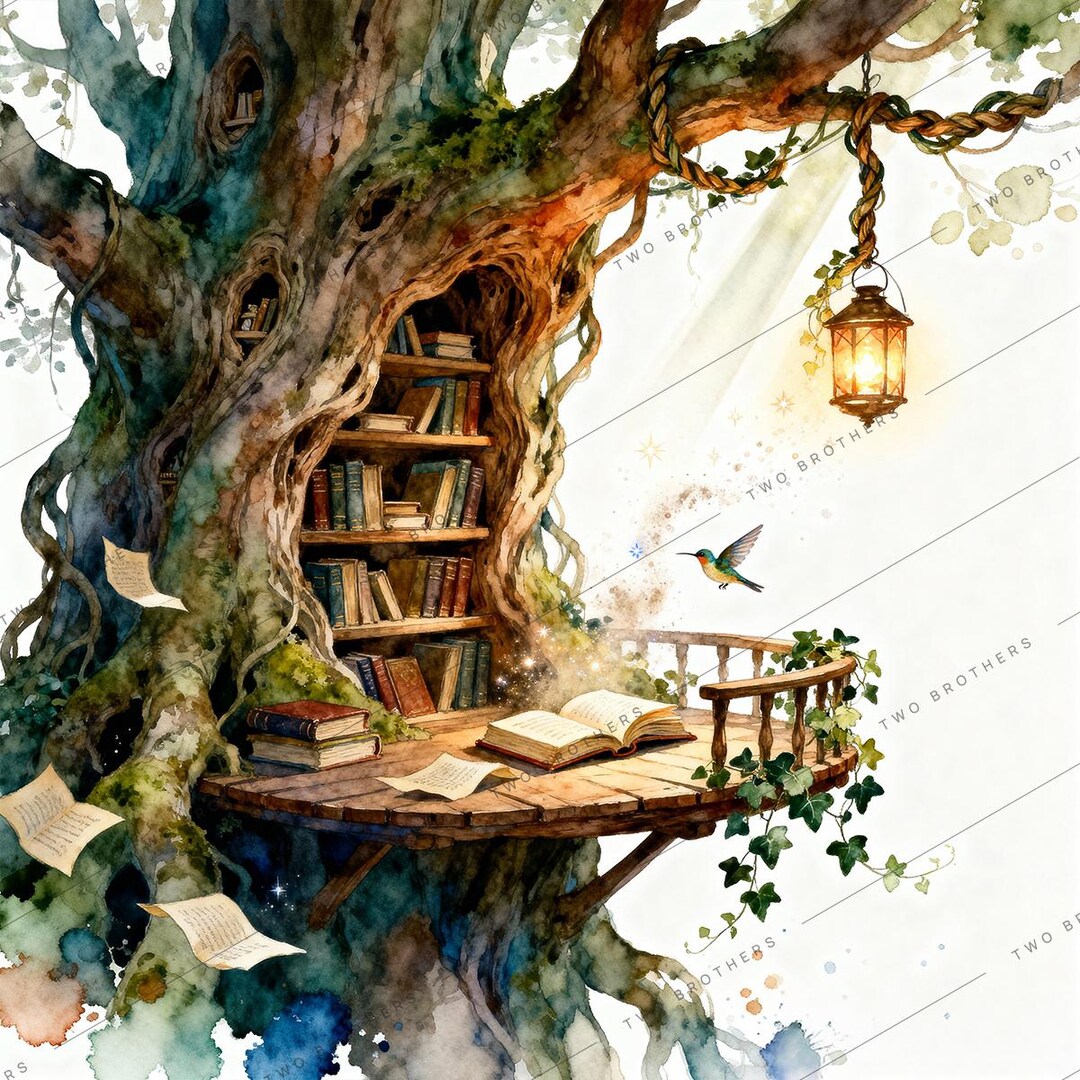 Watercolor Treehouse Library Art Print | Cozy Reading Nook Illustration ...