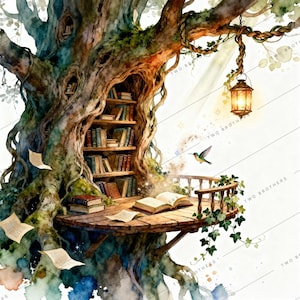 Puede incluir: Ilustración en acuarela de un árbol con una estantería incorporada y una pequeña plataforma de madera. Hay libros en las estanterías y en la plataforma. Una linterna cuelga de una rama y un colibrí vuela cerca. El árbol está detallado con musgo y hojas.
