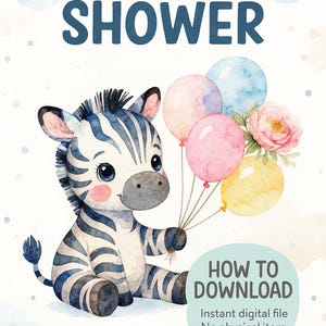 Globo de cebra bebé en acuarela: Invitación para baby shower (imágenes prediseñadas, descarga instantánea)