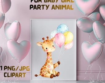 Akwarelowa grafika z żyrafą | Pastelowe balony safari (PNG do pobrania)