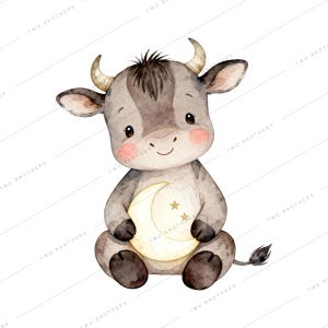 May include: Watercolor illustration of a cute, cartoon-style bull calf. The calf is gray and brown with a light-yellow crescent moon and star design. The calf has small horns, a smiling face, and rosy cheeks. The image has a white background.