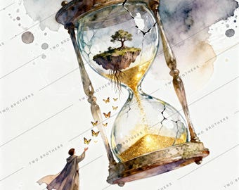 Surreal Hourglass Watercolor Print – Floating Island Fantasy Digital Download
