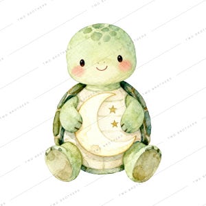 May include: Watercolor illustration of a cute turtle with a green shell and head, sitting upright. The turtle has a smiling face with rosy cheeks and holds a cream-colored crescent moon with two gold stars.