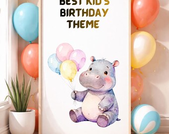 Aquarel babynijlpaard clipart | Pastelkleurige ballonnen, kinderkamerkunst (directe download)