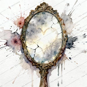 May include: A watercolour illustration of an antique oval mirror with a decorative frame. The mirror's surface is cracked, with a heart-shaped design visible. Splashes of watercolour in shades of grey, pink, and brown surround the mirror.