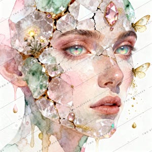 Puede incluir: Retrato en acuarela de una persona con un rostro compuesto de cristal agrietado y detalles dorados. Los ojos son de un verde azulado vibrante, y mariposas y flores adornan la cabeza. La imagen tiene una cualidad suave y etérea.