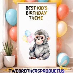 Watercolor Baby Monkey Clipart | Pastel Balloons, Jungle Nursery Art (PNG)