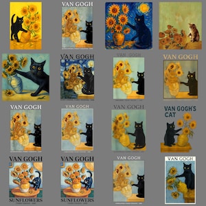 Op de afbeelding: Een verzameling kunstprints met zwarte katten die interageren met zonnebloemen in de stijl van Van Gogh. Elke print heeft een andere achtergrond en compositie, met de woorden "Van Gogh" en "Sunflowers" zichtbaar.