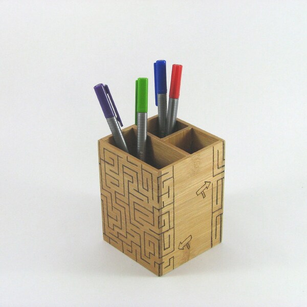 Wood Pencil Holder - Wood Pyrography - Wood Burned Maze Pencil Box