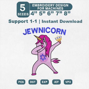 Pode incluir: Ilustração de um unicórnio rosa com chifre dourado, cabelo rosa e uma Estrela de David no peito. O unicórnio está segurando um menorá e fazendo um dab. O texto inclui "JEWNICORN", "Design de bordado para máquinas" e tamanhos de 10 cm a 20 cm.