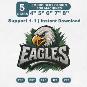 Puede incluir: Un diseño de bordado para máquinas con la palabra "EAGLES" en una fuente estilizada, con un gráfico de cabeza de águila. El diseño viene en 5 tamaños: 10,16 cm, 12,7 cm, 15,24 cm, 17,78 cm y 20,32 cm. Incluye el texto "Embroidery Design for Machines" y "Support 1-1 | Instant Download".