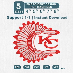 May include: Red and white embroidery design featuring a Native American headdress and the letters "KC". The design is available in 5 sizes: 4", 5", 6", 7", and 8". The image also includes the text "Embroidery Design for Machines" and "Support 1-1 | Instant Download".