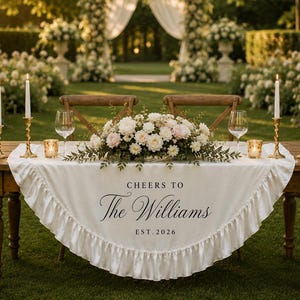 Personalized Silk Wedding Tablecloth with Ruffle Trim, Custom Sweetheart Table Decor, Bridal Reception Backdrop
