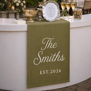 Personalized Wedding Bar Embroidered Sign Cheers To Family Name, Custom Name Date Canvas Bar Runner Sign, Fabric Bar Menu Banner