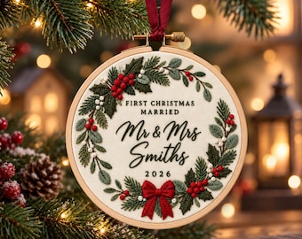 May include: A round wooden embroidery hoop ornament featuring a cream-colored fabric center with a hand-stitched wreath of green leaves, white berries, and red holly berries. The text reads FIRST CHRISTMAS MARRIED, Mr & Mrs Smiths, and 2026.