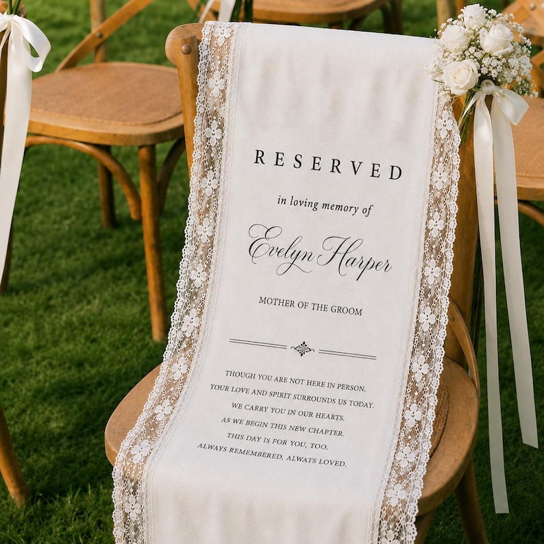 May include: A white fabric memorial sign draped over a wooden chair, featuring black text that reads RESERVED in loving memory of Evelyn Harper MOTHER OF THE GROOM, with a poem below. The sign is bordered by white floral lace trim.