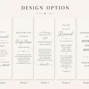 May include: Five vertical off-white memorial signs labeled Design 1 through 5. Each sign features black text with phrases like This Seat Is Reserved, In Loving Memory Of, and names including Henry Mitchell and Evelyn Harper.